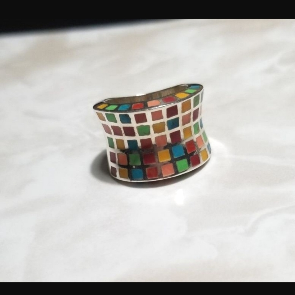 Sterling silver 925 Wide multi color Enamel square Band Ring retro stained glass